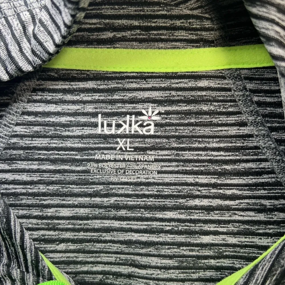 Lukka Womens Hooded Athletic Jacket Gray Black Stripe Neon Zip Thumb Holes Sz XL - Image 2