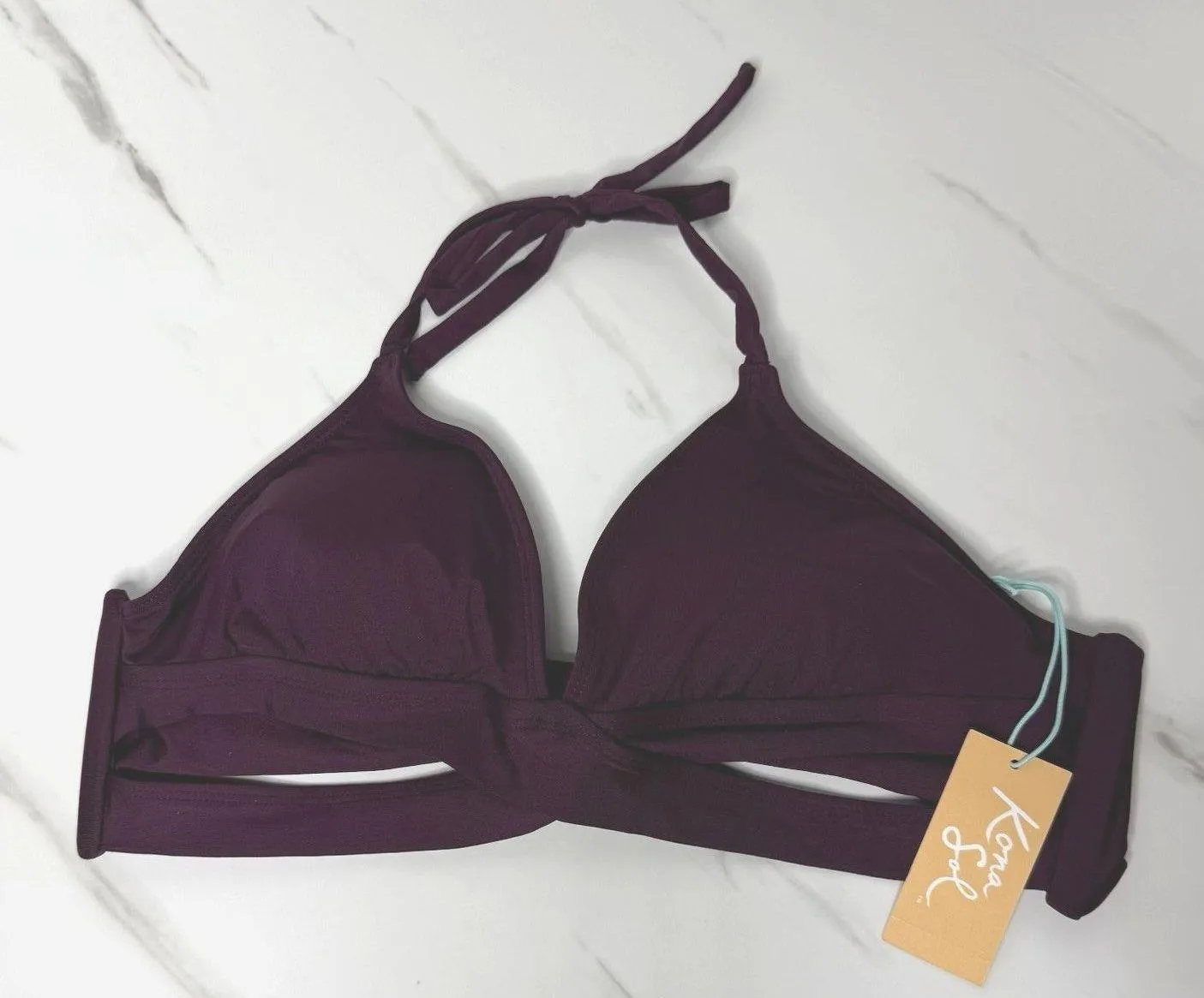 Kona Sol Womens Burgundy Faux Wrap Halter Bikini Swim Top Size Large (12-14) New - Image 1