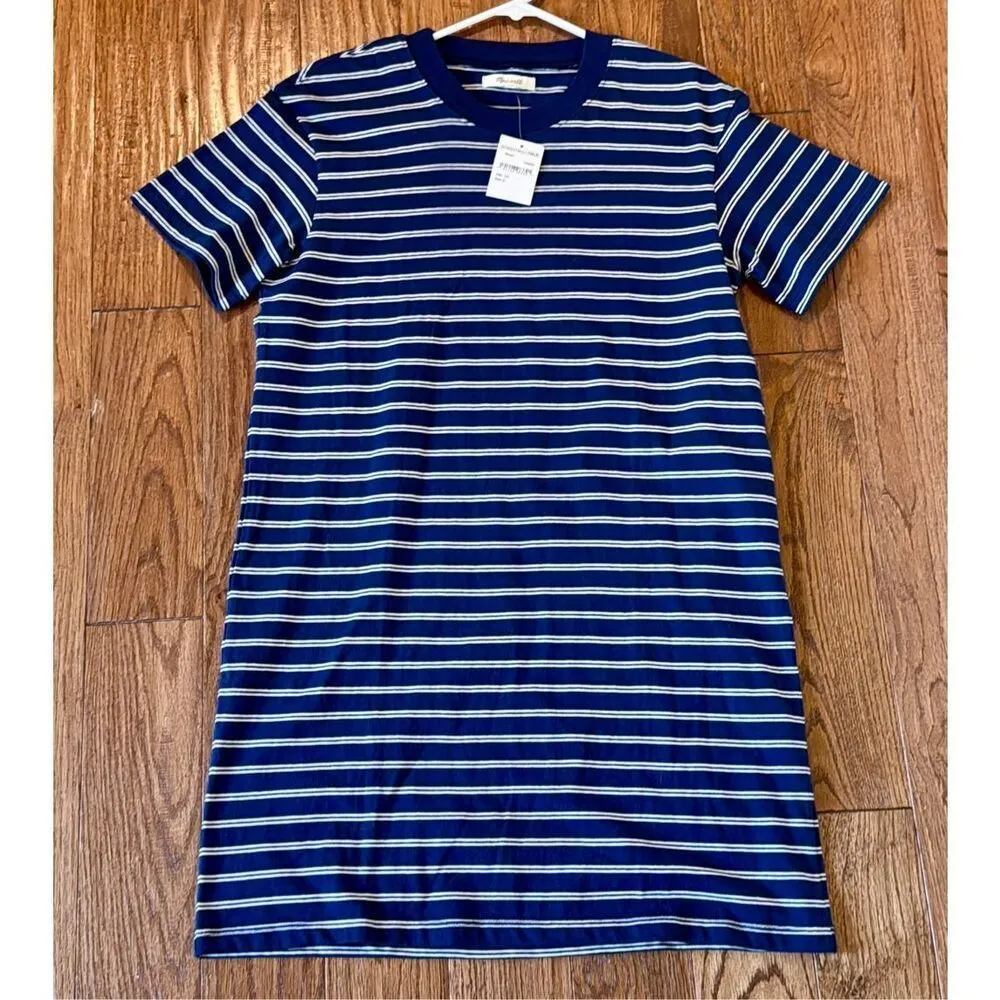 Madewell NWT blue striped crewneck cotton shirt dress small - Image 11