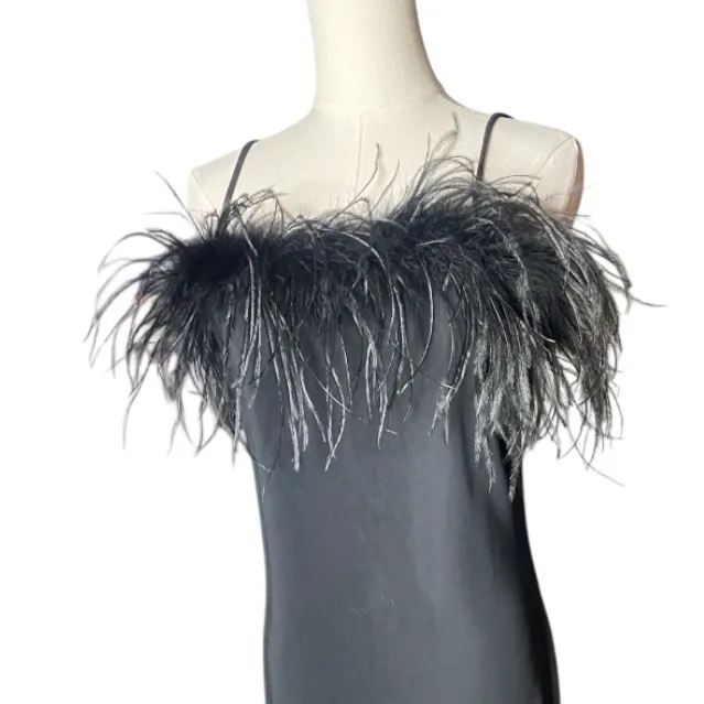 WINNER Vintage 90s Black Feather
Trim Midi Slip Dress Sides Slit S - Image 3