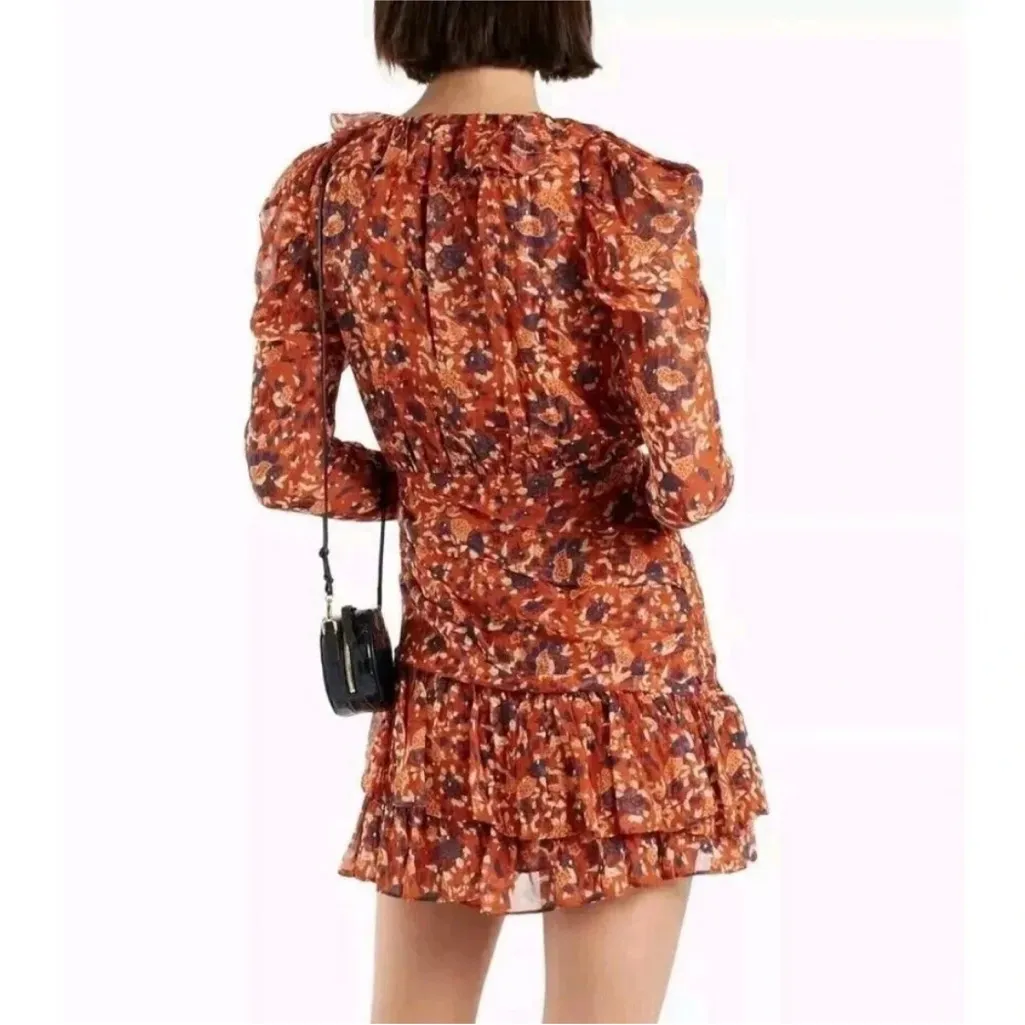 Ulla Johnson Cecily Mini Dress Poppy Rust Orange Size 2 XS Metallic Ruffle Silk - Image 4