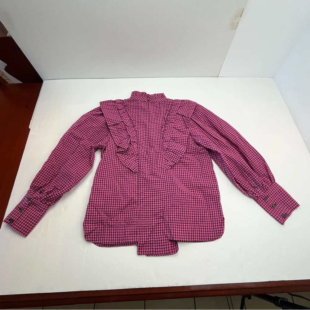 Ganni Seersucker Check Pattern Ruffle Top Women Size EU 38 Medium Pink Black NEW - Image 14