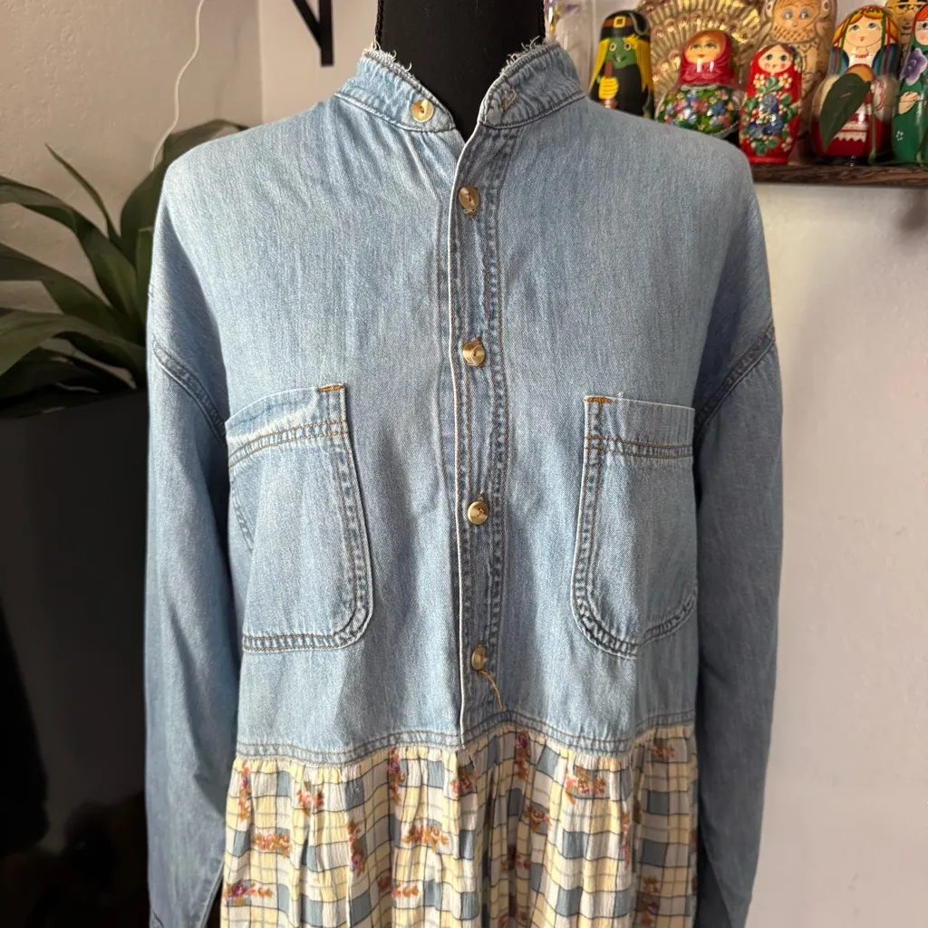 Vintage Loco Lindo Chambray Button Down Floral Shirt Dress Blue Size L - Image 2