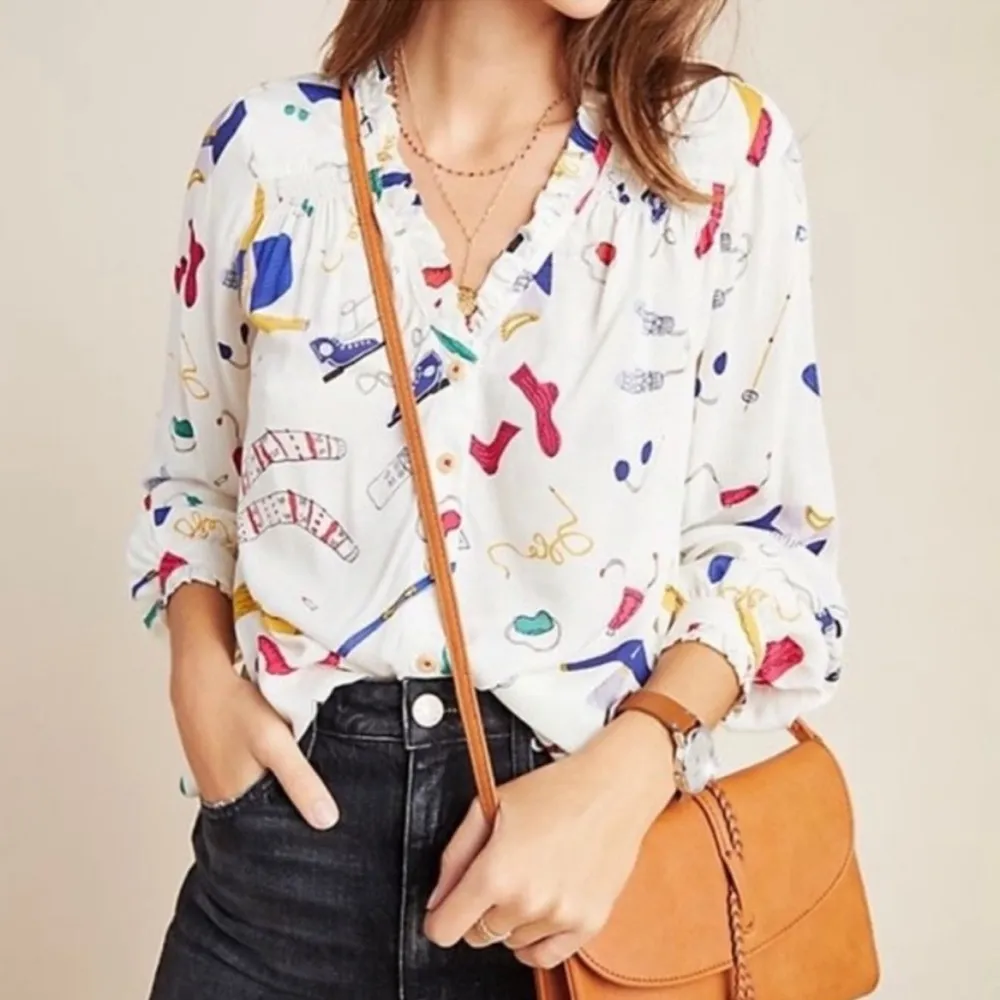 Anthropologie’s Maeve Marisol Ruffled Winter Ski Print Blouse, Size 8 - Image 3