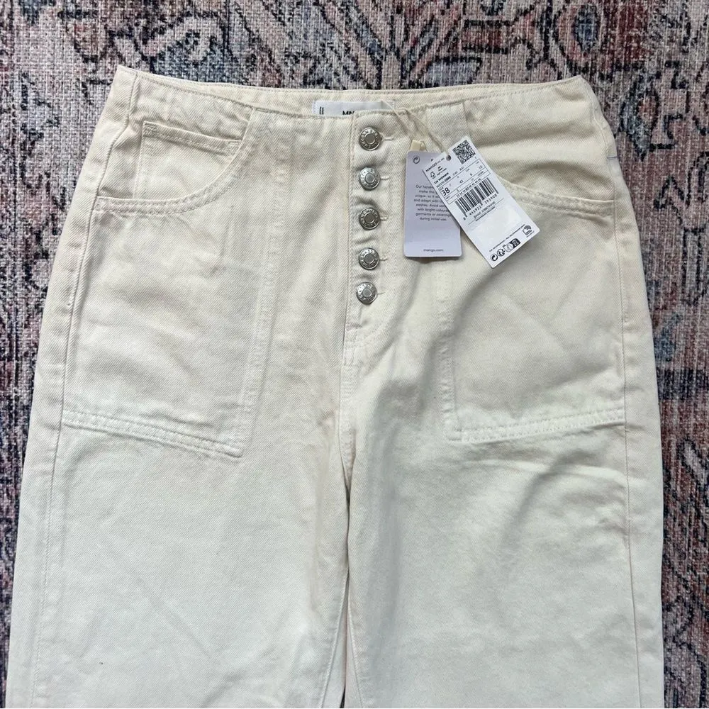 Mango NWT 328 Bonnie Straight Leg Jeans with Buttons Cropped High Rise Cream 6 - Image 7