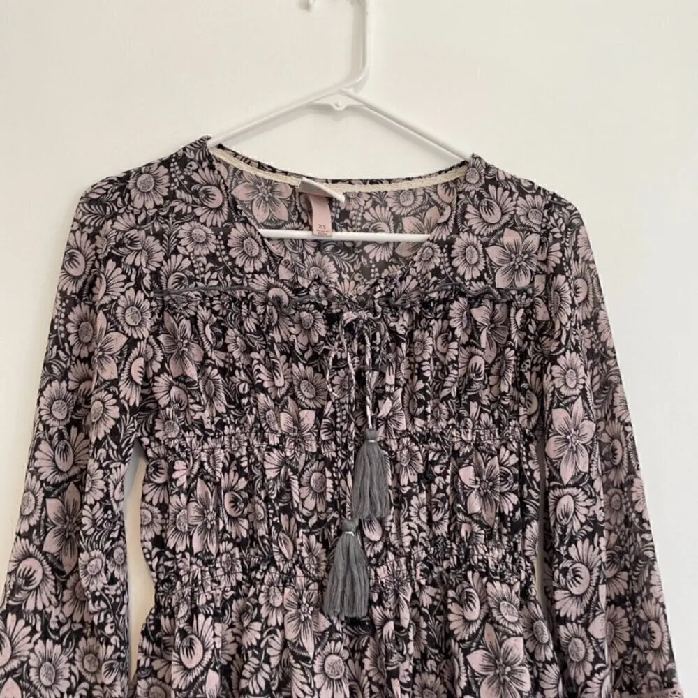 KNOX ROSE Black Lilac Lavender Mauve Pink Floral Long Sleeve Lace Up Peasant Top - Image 3