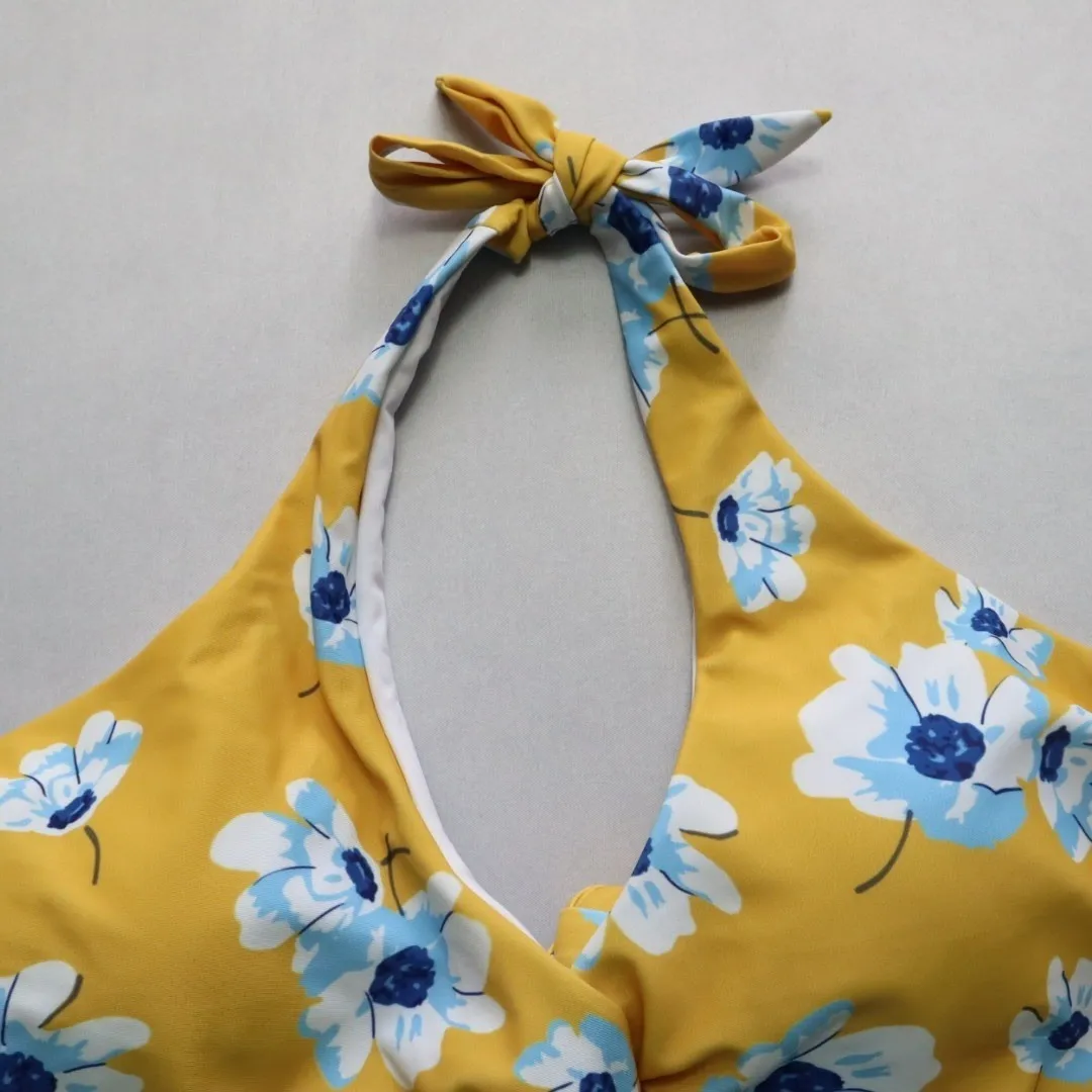 Yellow‎ Floral Padded Halter Tie Knot Boho Swim Sports Bra Bikini Top L Large Yellow - Image 4