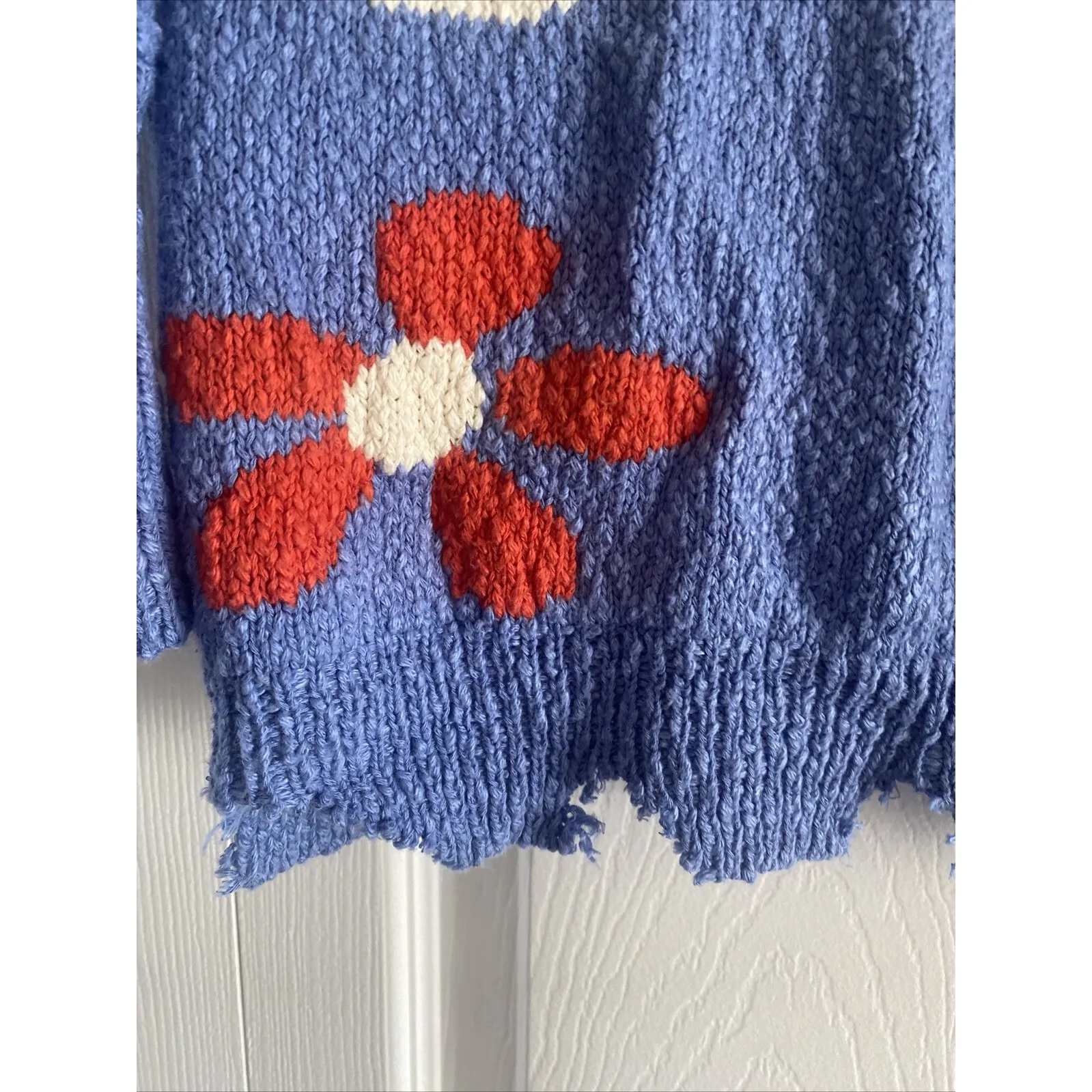 Urban Outfitters Women's Small Floral Blue Oversized Sweater Boho Fringe - Image 6