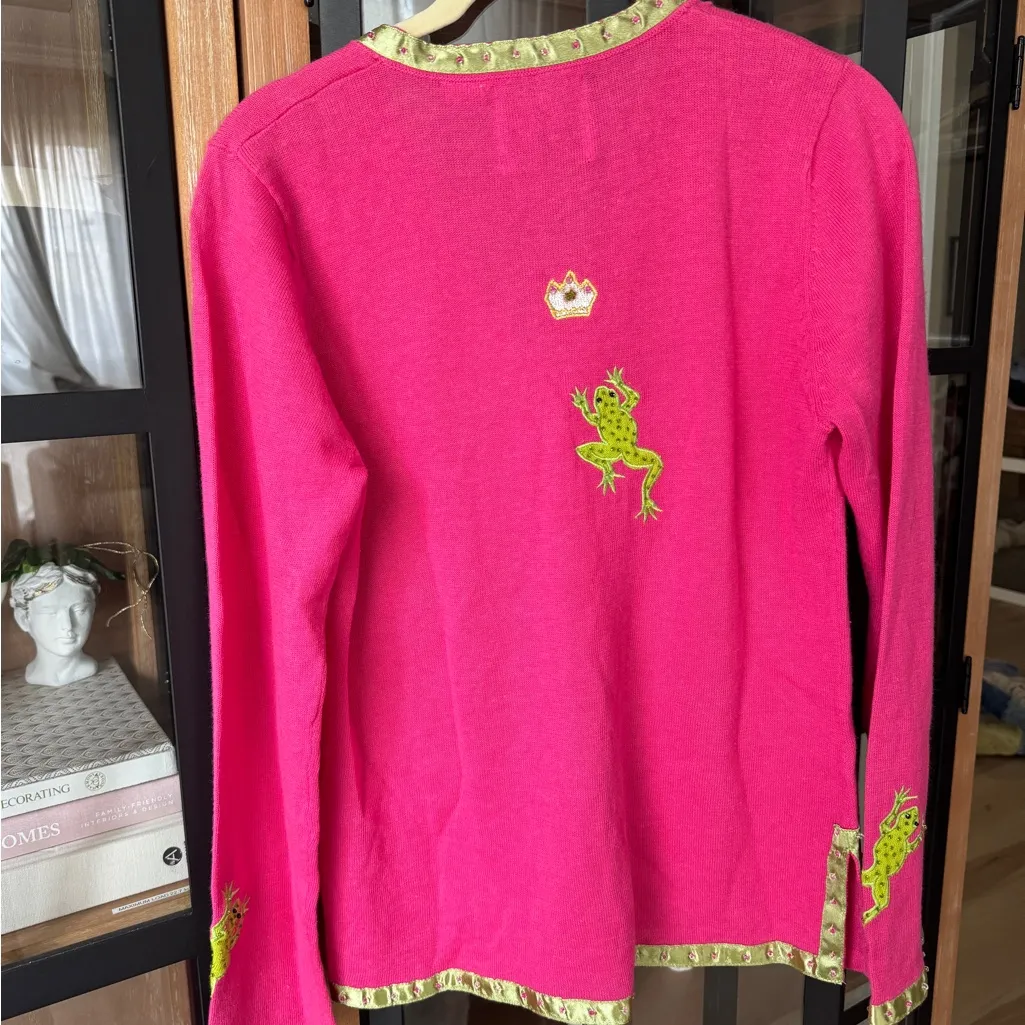 Vintage 1990s Storybook Knits frog prince beaded sweater cardigan embroidered Pink Size XS - Image 3