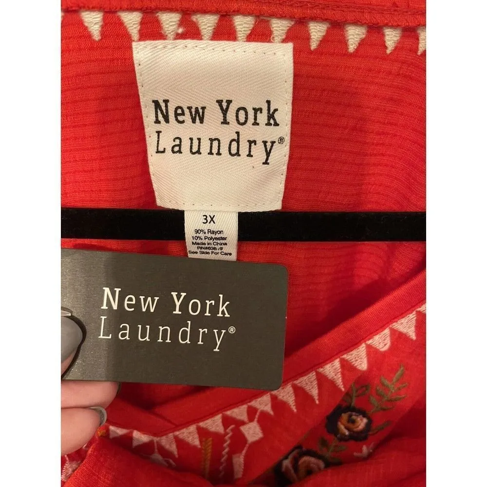 New York Laundry Women's Blouse Tunic Plus Size 3X Red Colorful Embroidery NEW - Image 3