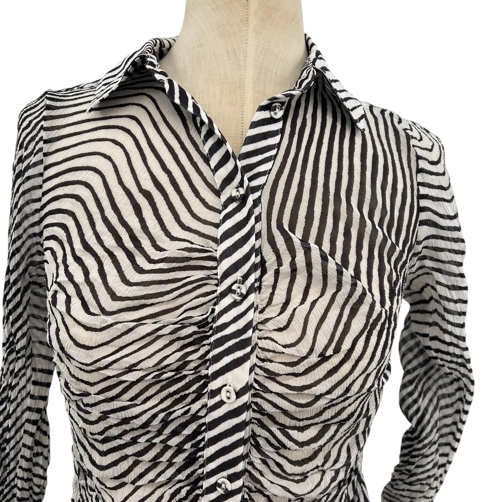 Tanya Taylor Shirt Top Blouse Button Down Ruched Zebra Print Silk Size 2 - Image 3