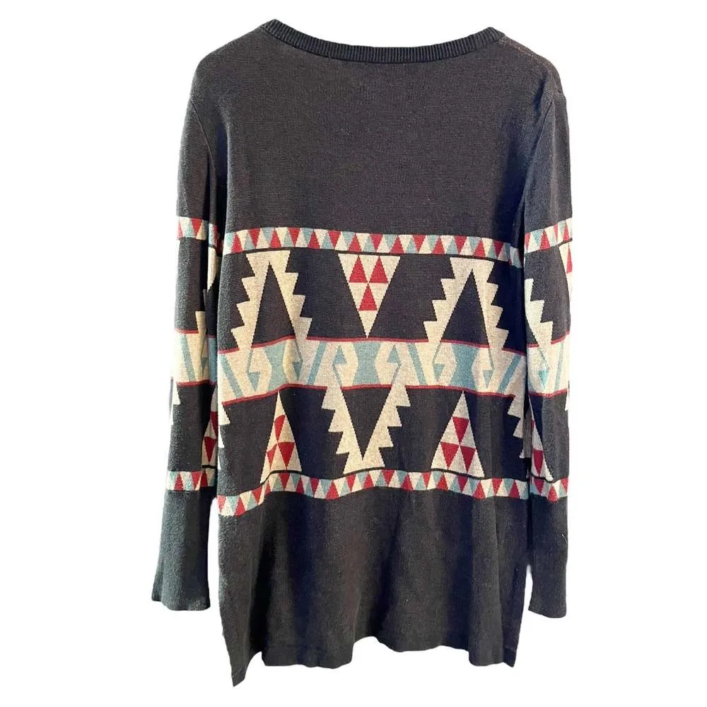 PERUVIAN CONNECTION Knit Sweater Crew Neck Gray Brown Aztec Print Cotton Small - Image 7