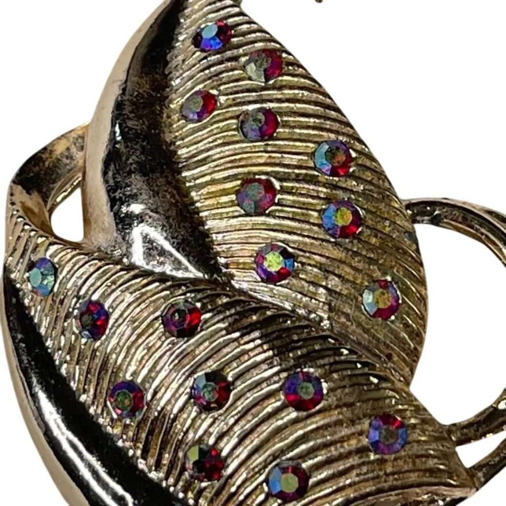Vintage Gold Tone Leaf Brooch With Encrusted Aurora Borealis Rhinestones u - Image 2