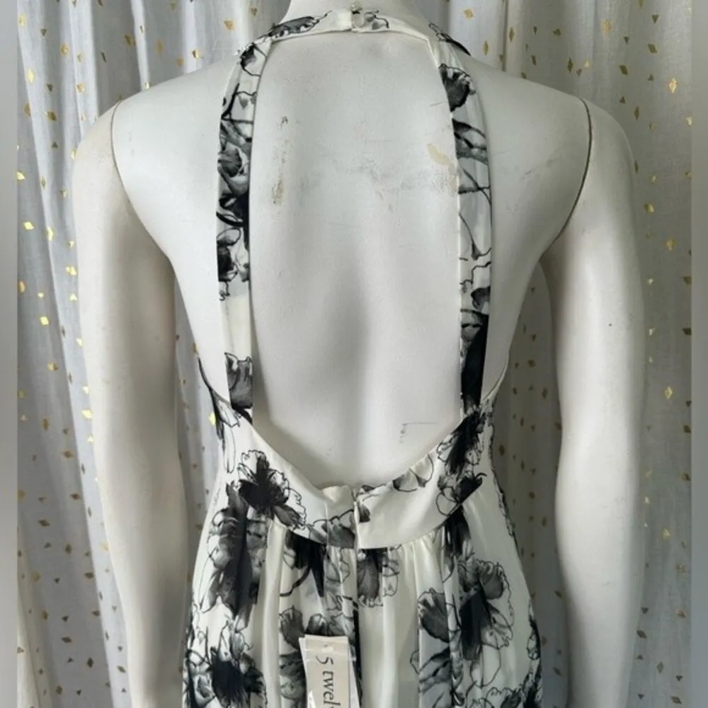 5 Twelve NWT Women's Floral Watercolor Artsy Halter Open Back Maxi Dress 6 White - Image 6