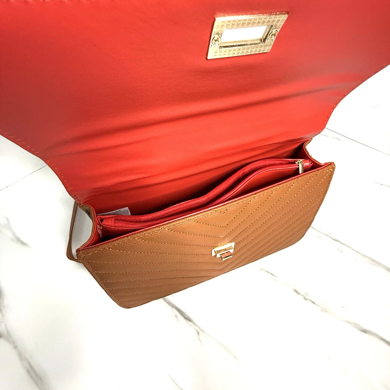 ALFA BAGS Classic Quilted Tan Shoulder Crossbody Red Lined Purse Chain Strap NEW - Image 7