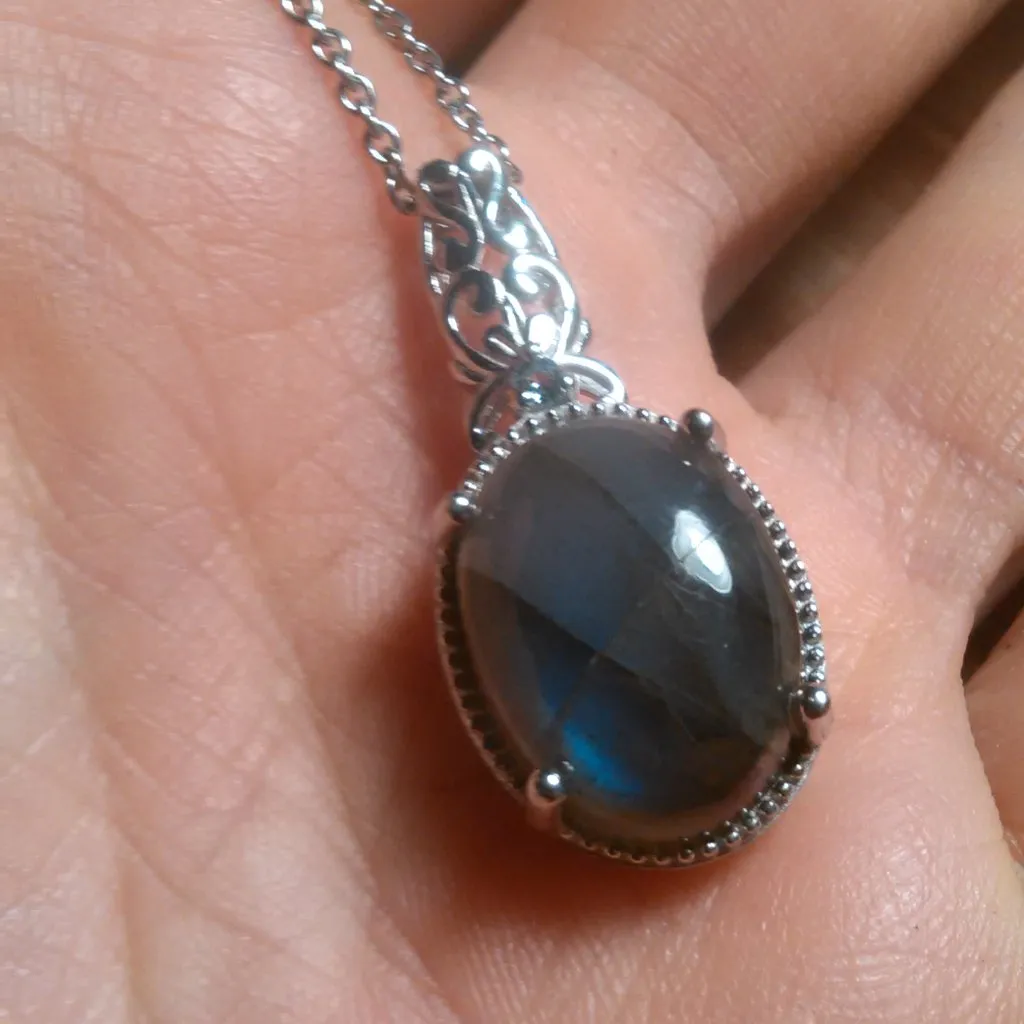 Malagasy Labradorite and Blue Topaz Platinum Bond Pendant Stainless Steel Chain - Image 10