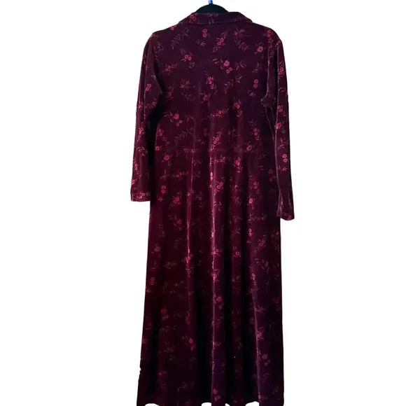 VTG L.L. Bean Cotton Blend oxblood velvet floral embossed long sleeve MAXI 12 Red - Image 2