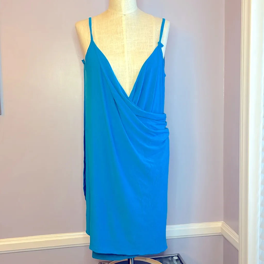 Turquoise deep V neck sexy spaghetti strap wrap draped backless swimsuit coverup Blue Size undefined - Image 8