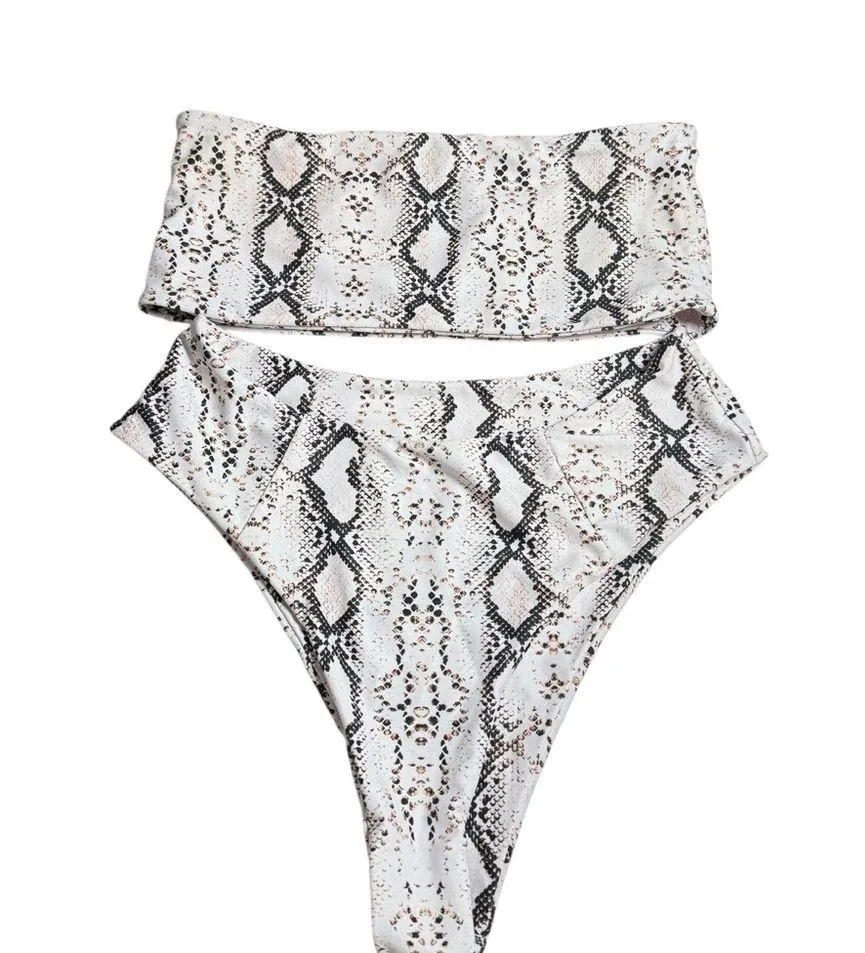 Women's Strapless Bandeau High Rise Bikini Set in Snakeskin Print Size M White Size M - Image 3