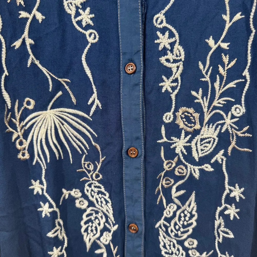 Tiny Dress Women S Blue White Floral Embroidery Button Up Western Boho Festival - Image 3
