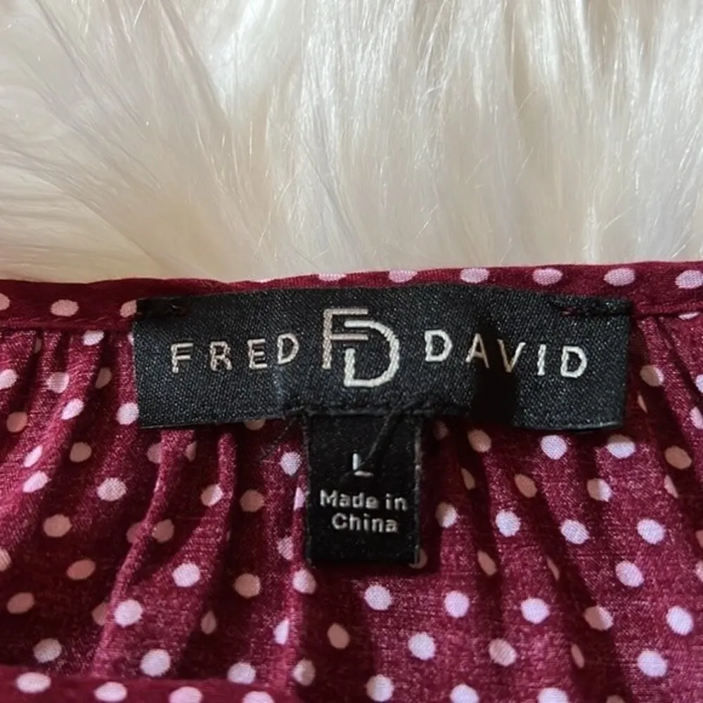 Fred David Burgundy Polkadot 3/4 Sleeve Blouse w/ Neck Tie Size Large - Image 4