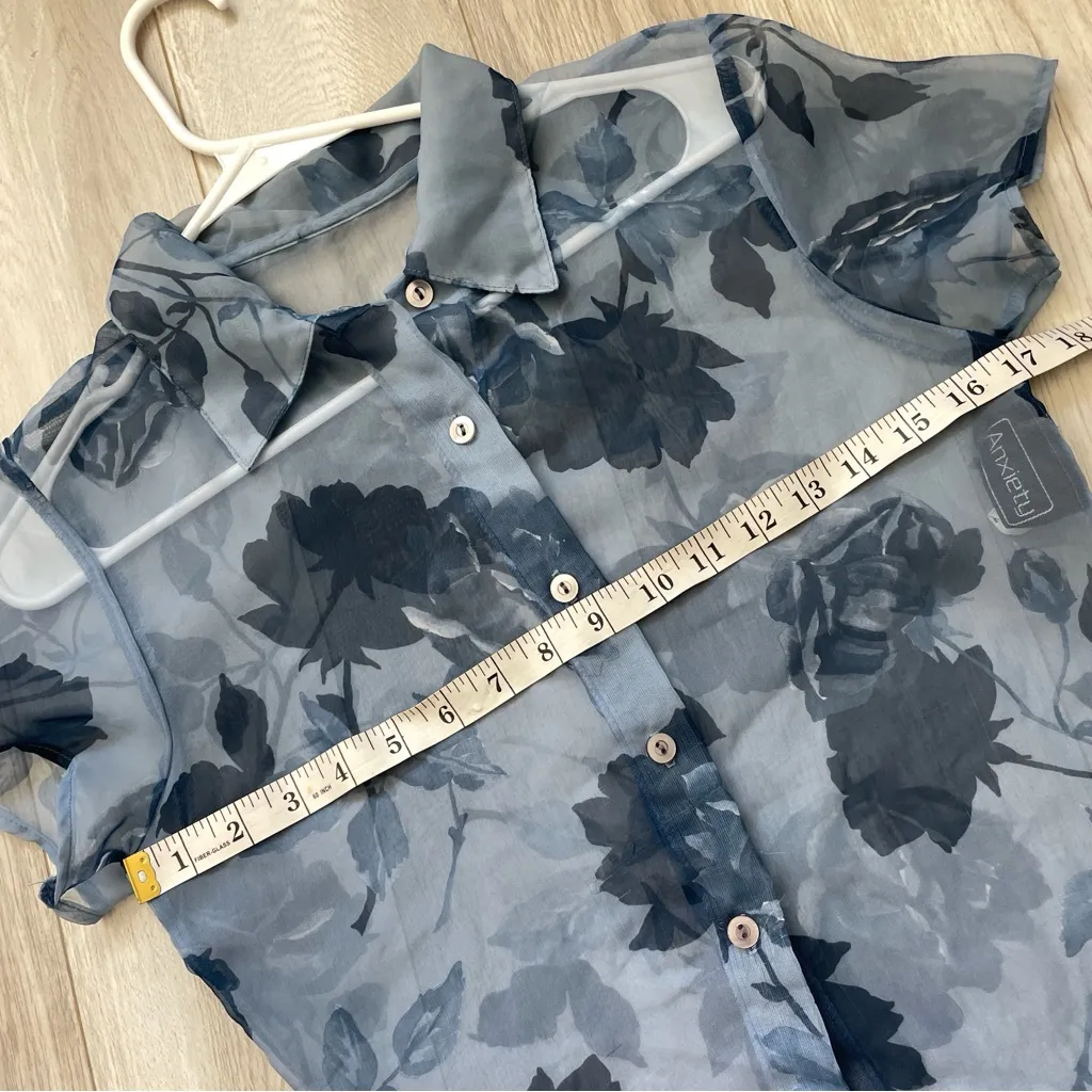 Vintage Sheer Shirt floral button up womens Blue (large) y2k feminine retro - Image 3