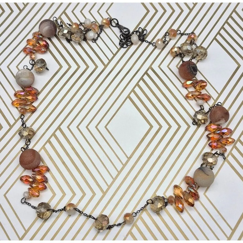 Amber Glass Chrystal Bead & Natural Stone 38" Necklace Black Chain Neutral - Image 7
