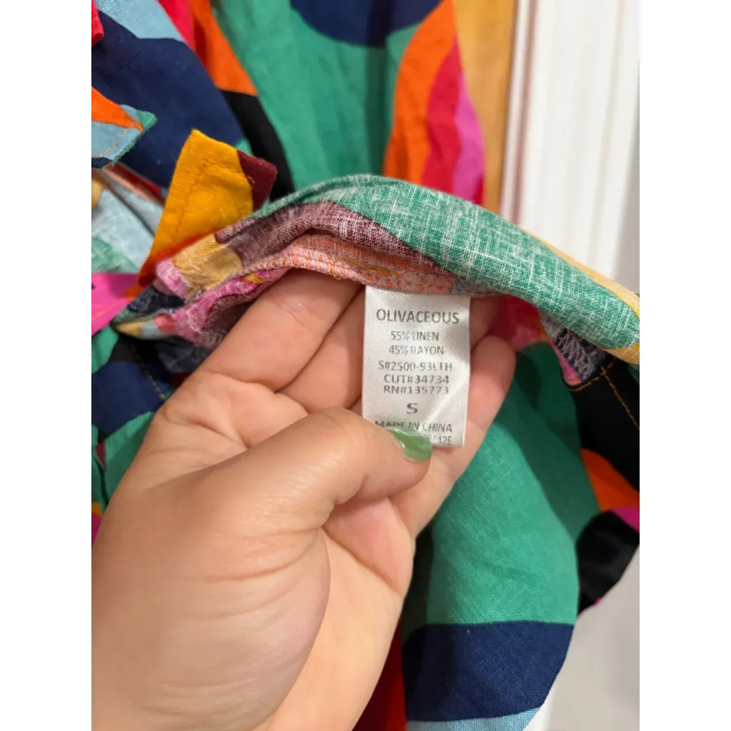 Oliviaceous Linen Blend Tie Front Blouse S Bright Floral Puff Sleeve Boho Top - Image 3