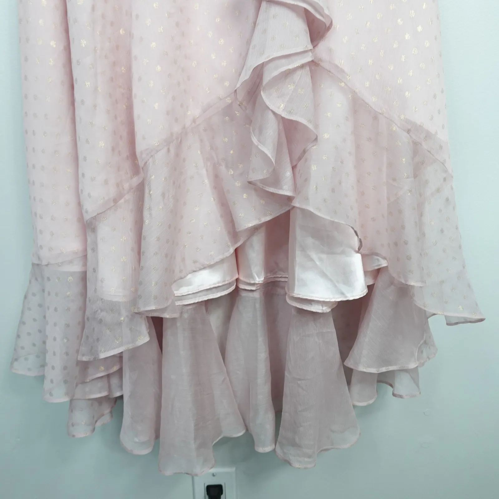 Mac Duggal Baby Pink Ruffle Slit Gold Polka Dot Dress 49330 - Image 7