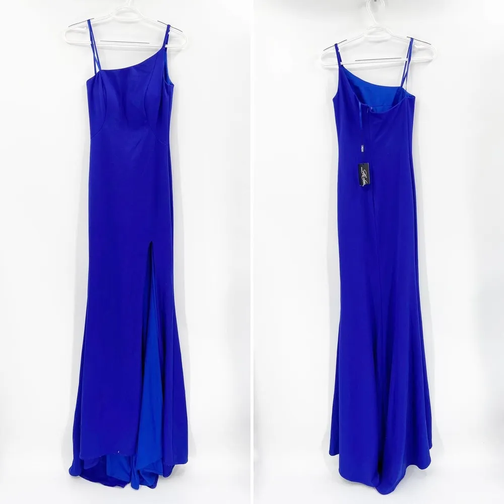 La Femme Royal Blue One-Shoulder Slit Formal Jersey Gown Size 0 NWT - Image 3