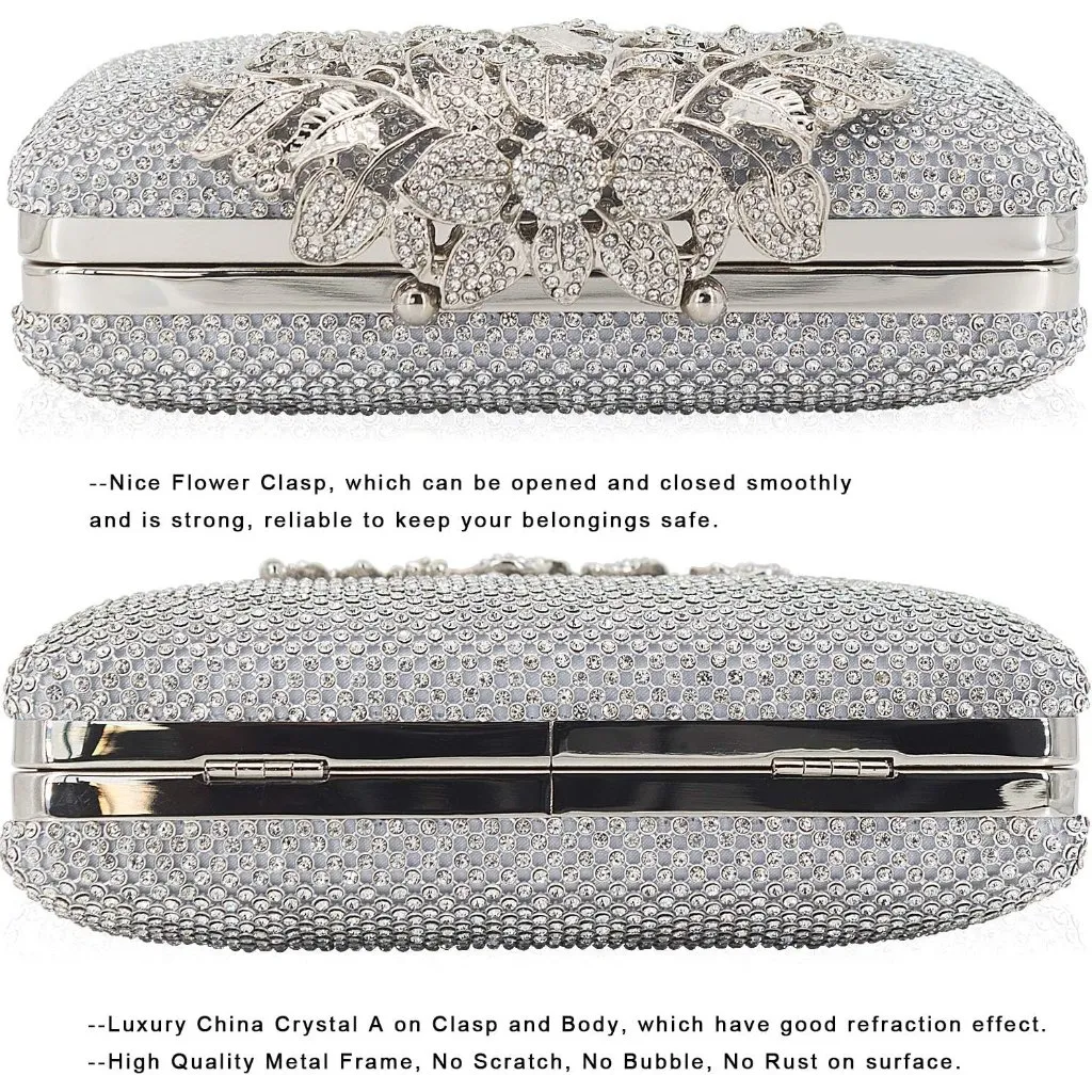 ⚡ Women's Crystal Rhinestone Evening Flower Clasp Metal Chain Silver Clutch Bag - Image 3