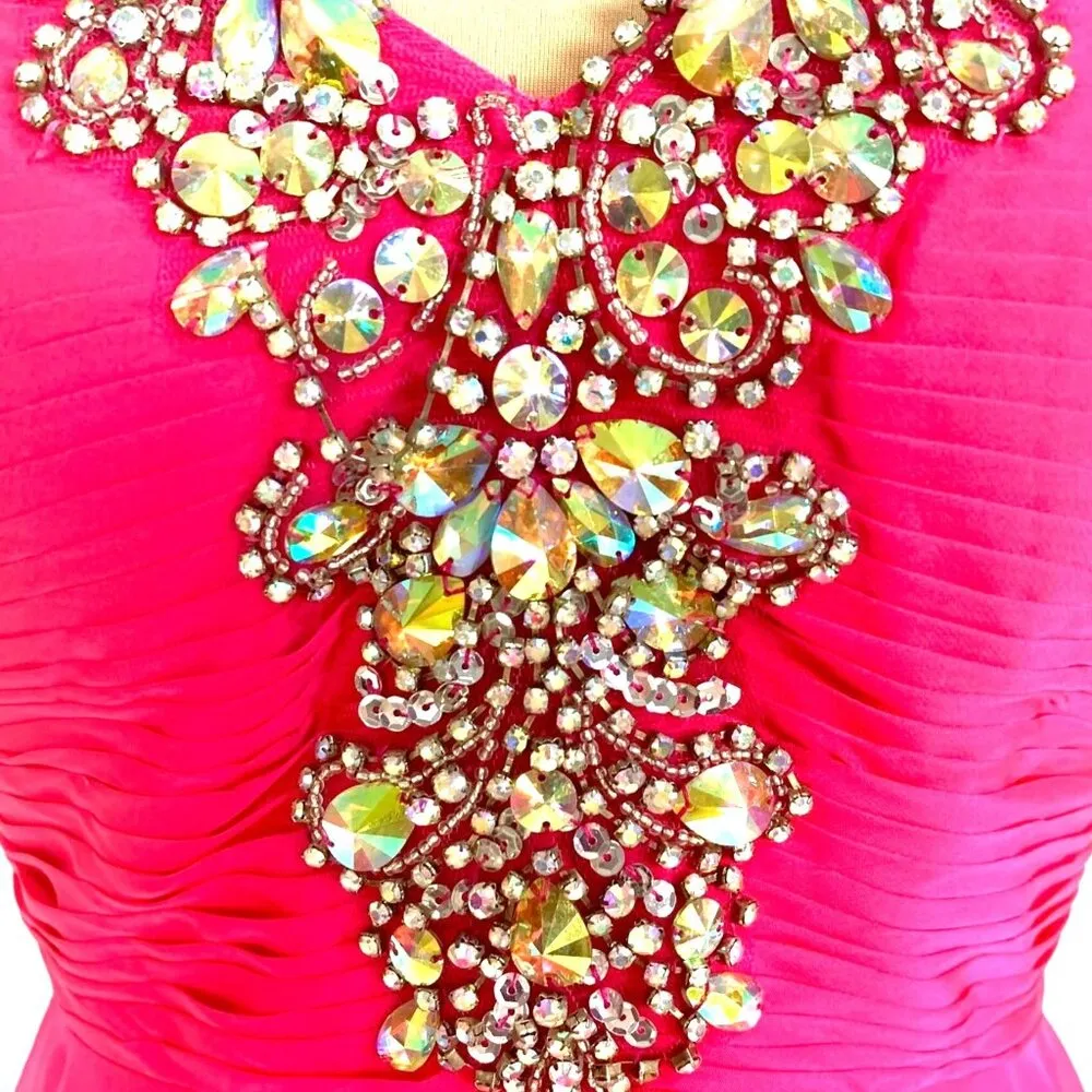 Strapless Barbie Pink Gown 4 Rhinestone Embellished Flowing Chiffon Skirt Prom - Image 4