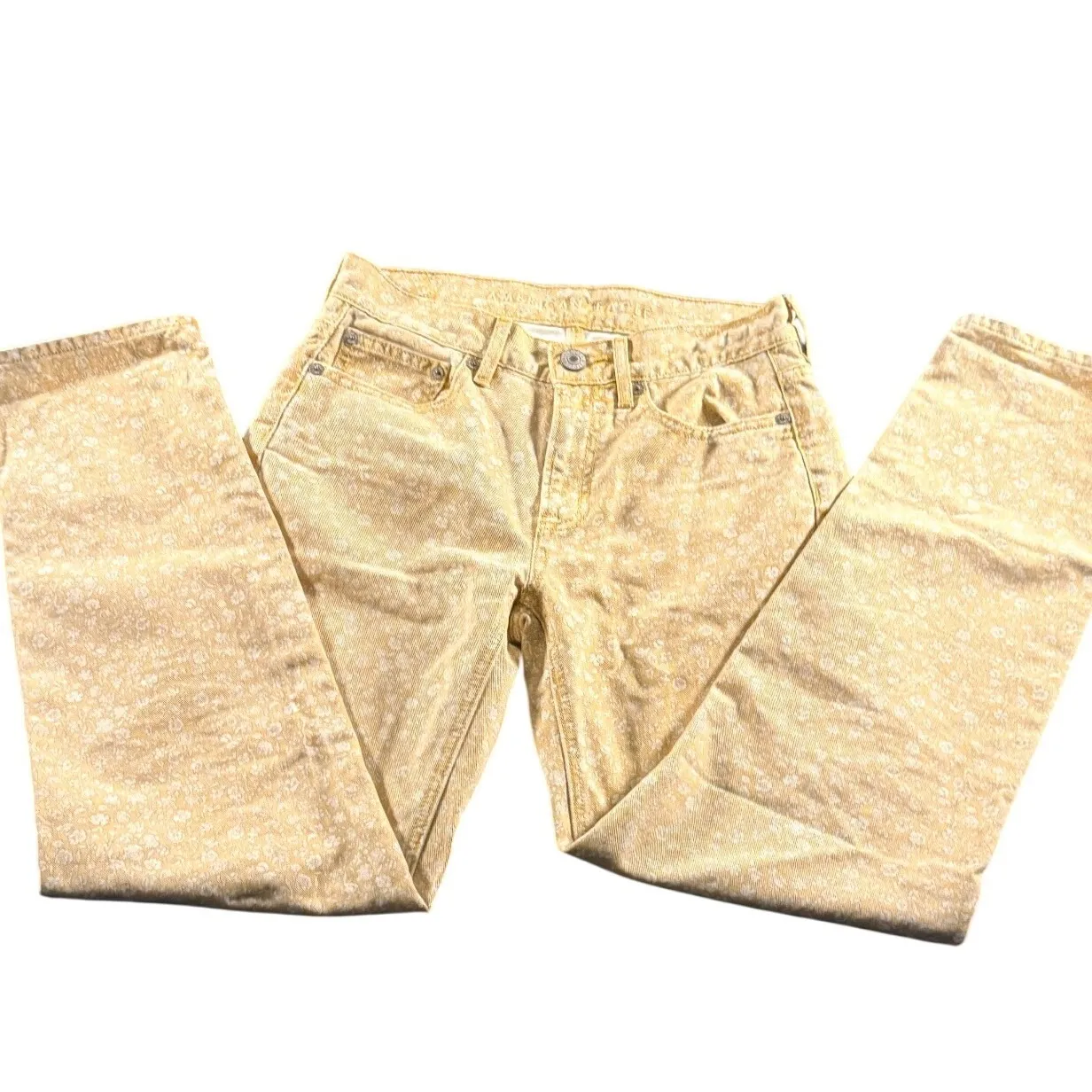 American Eagle Womens Size 00 Floral Print High Rise Straight Jeans Yellow - Image 3