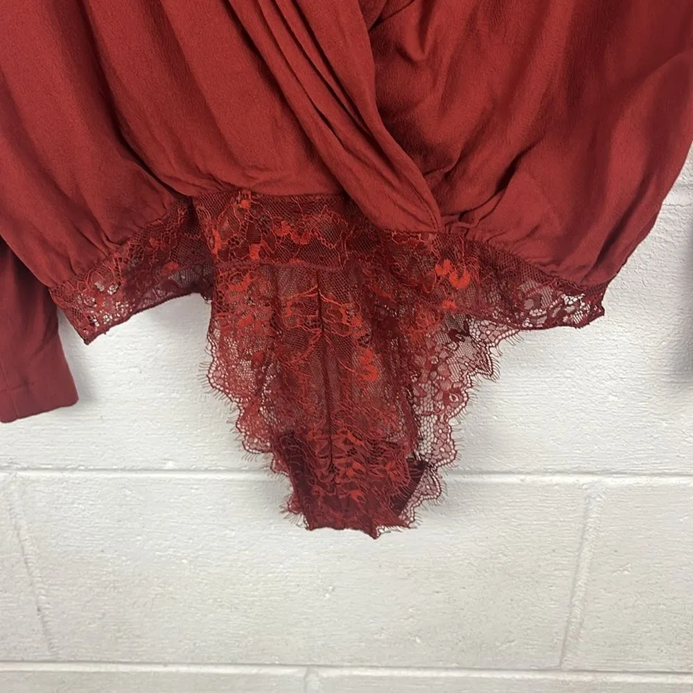 Free People Elsa lace inset deep vneck long sleeve oversized terracotta bodysuit - Image 3