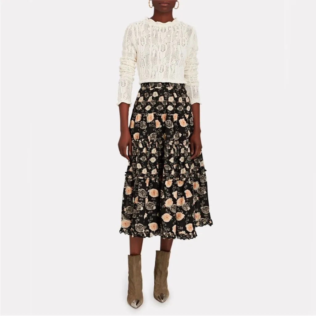 Ulla‎ Johnson Tulia Floral Midi Skirt Noir Floral Print Size 12 Ruffle Layered - Image 16