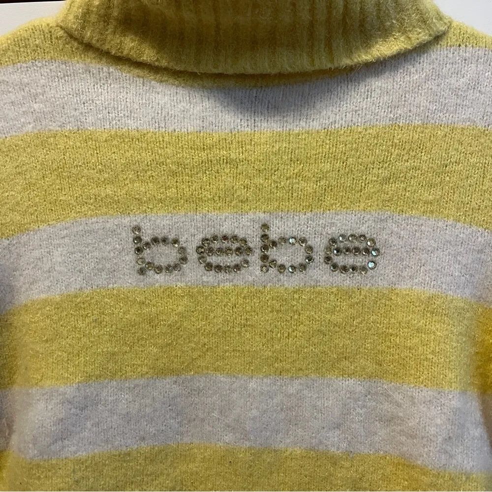 Bebe Y2K White & Yellow Stripe Gem Turtleneck Sweater - Image 5