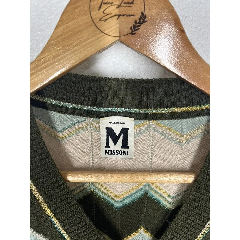 M Missoni Chevron Knit Sweater Size 2 Wool Viscose Brown Blue Cream Italy - Image 3