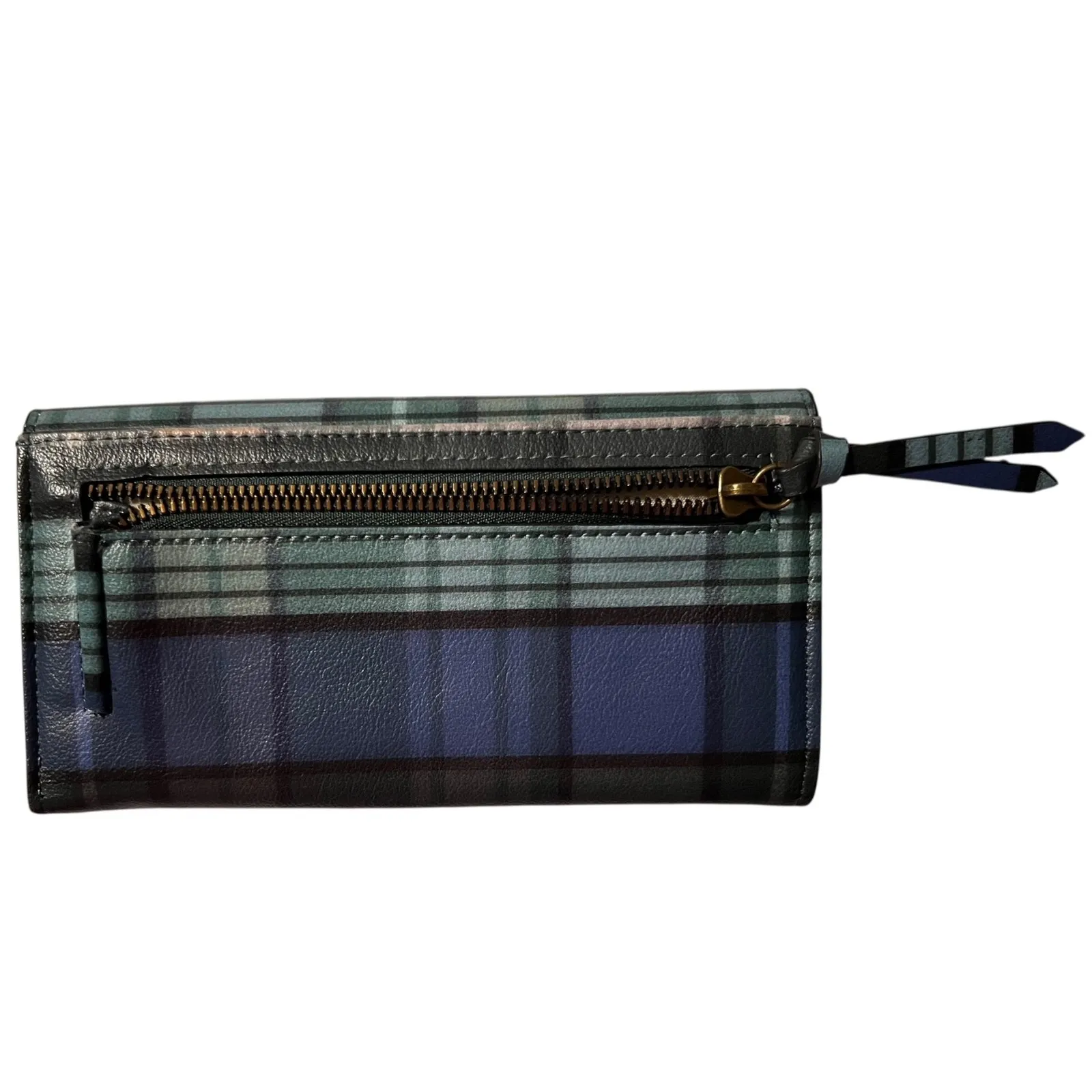 SONOMA Plaid Faux Leather Checkbook Wallet Green Blue Long Accordion Style - Image 4