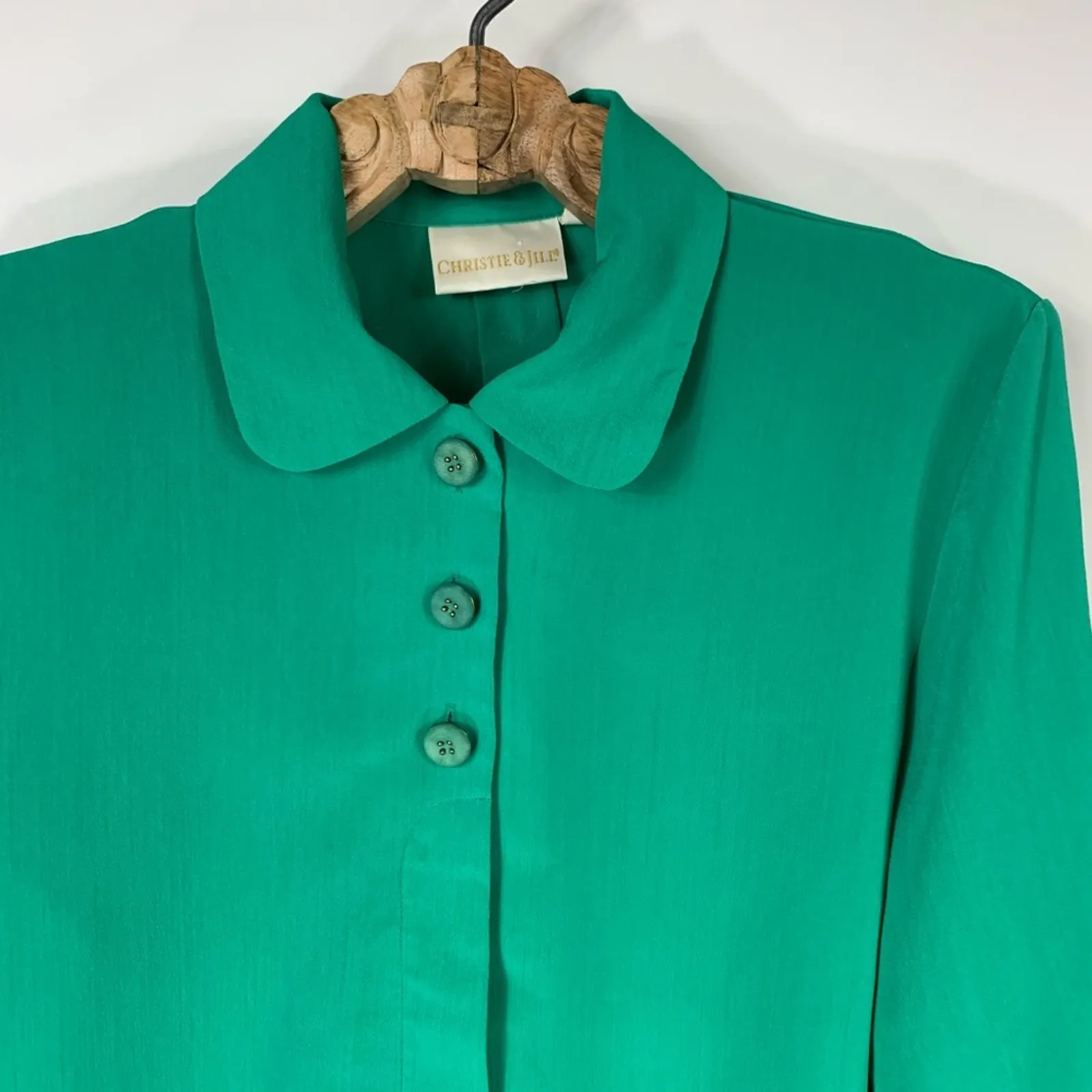 Vintage Green Round Collar Blouse Big Button Small Medium - Image 7