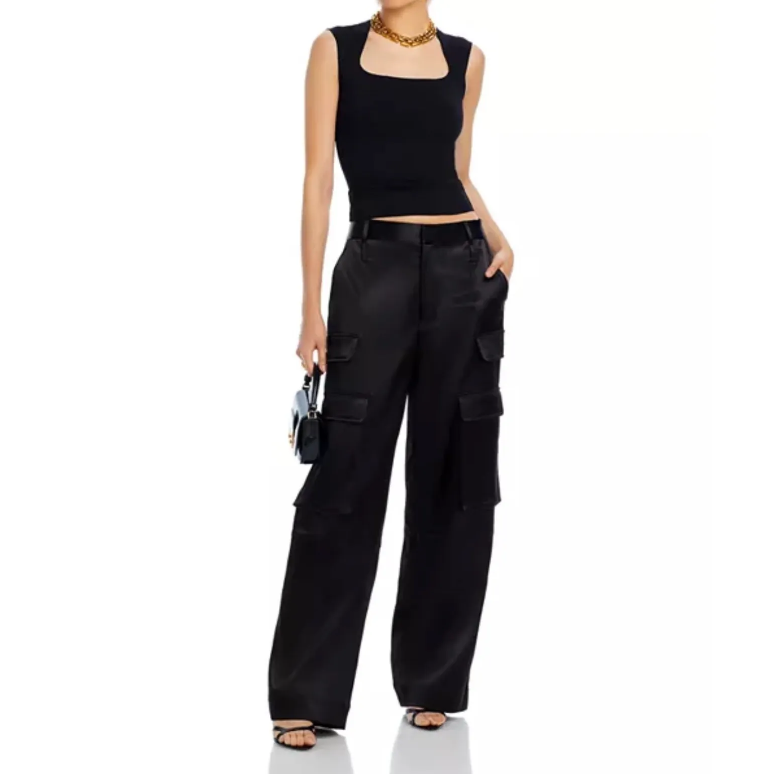 AQUA Black Square Neck Sleeveless Knit Tank Top Fitted‎ Trendy Basic - Image 2