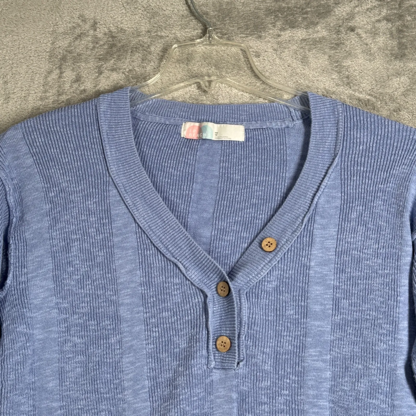 Free People Beach Shirt Ribbed Knit Henley Top Long Sleeve Casual Button Blue XS - Image 4
