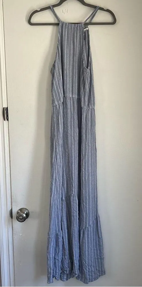Lovestitch High Neck Chambray Blue Ivory Stripe Maxi Dress L - Image 2
