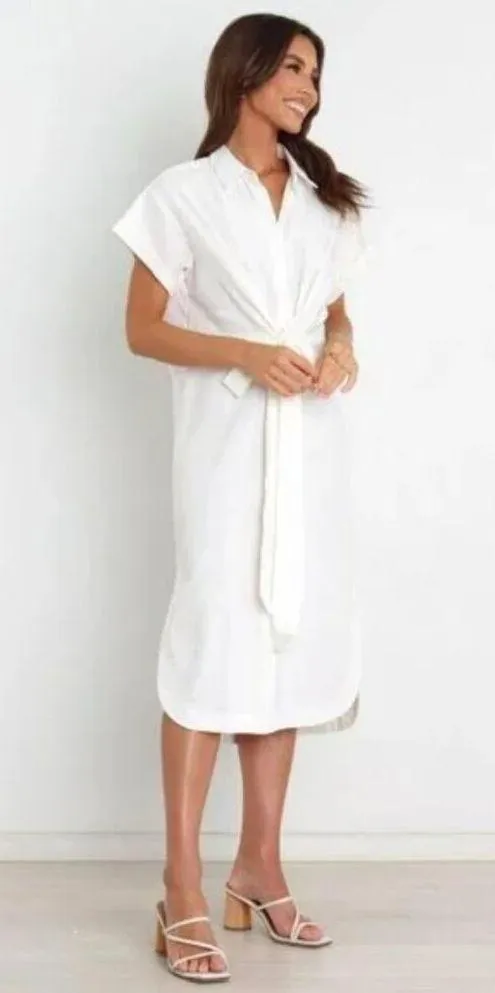 Princess Polly Petal & Pup Allison White Linen Button Front Tie Waist Midi Shirt Dress 4 - Image 5