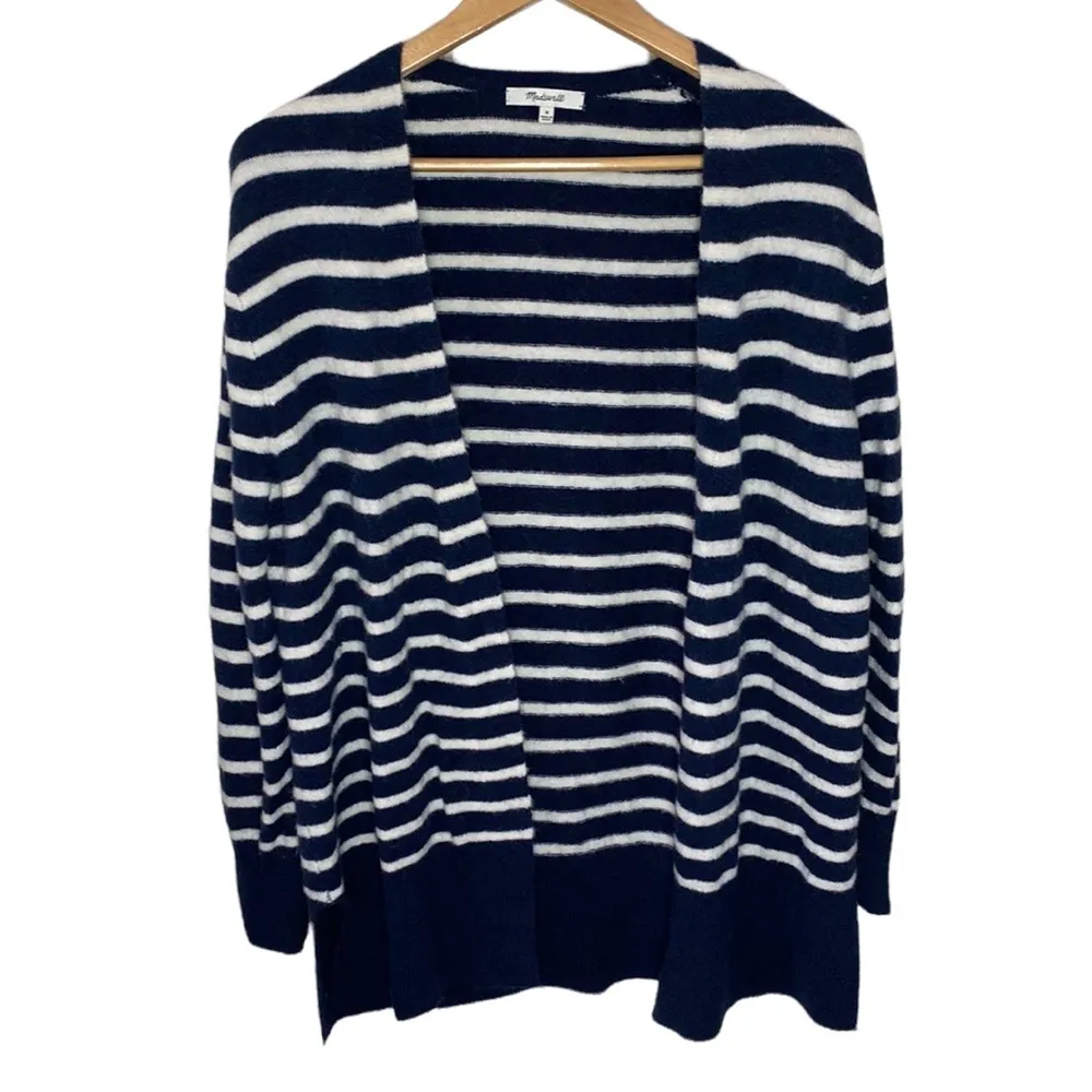 Madewell Cozy Walker striped longline plush alpaca blend cardigan navy white M - Image 18
