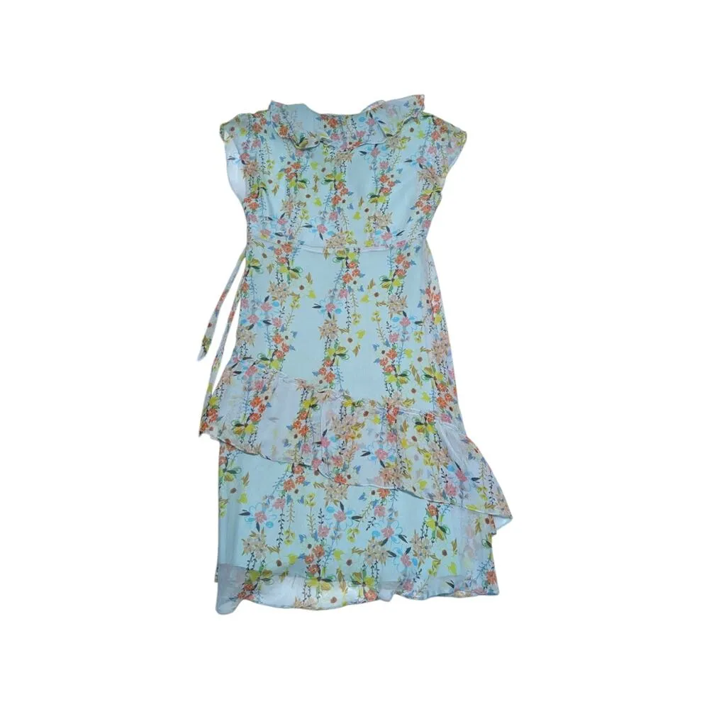 Sundance Slow Dance Silk Floral Wrap Dress Ruffle Womens 12 Petite Blue Mini - Image 2