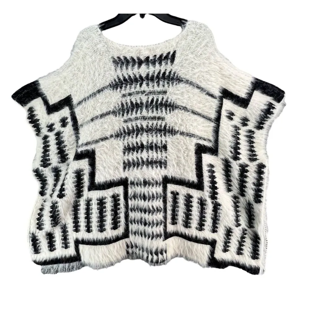 B Sharp Poncho Sweater Womens One Size White Black Mohair Blend Southwestern - Image 2