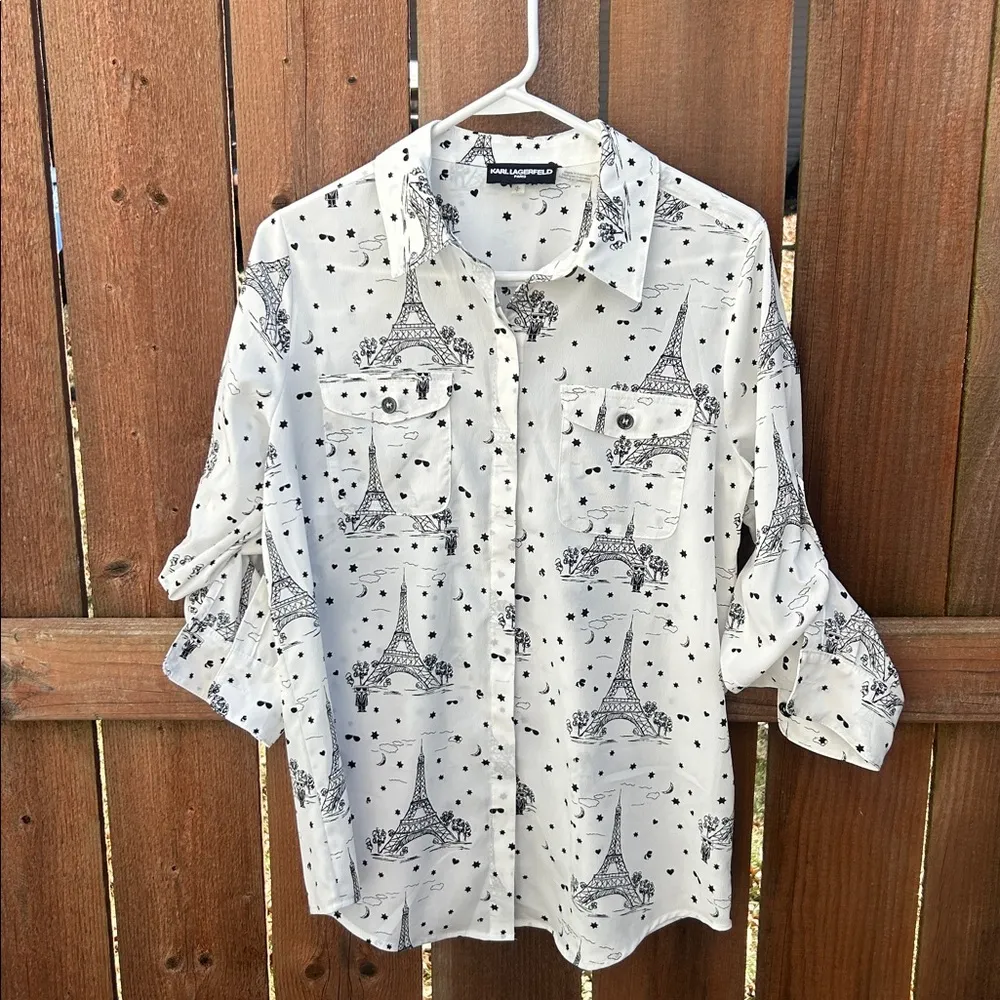Karl Lagerfeld Button Down White Black Top Size Small - Image 3
