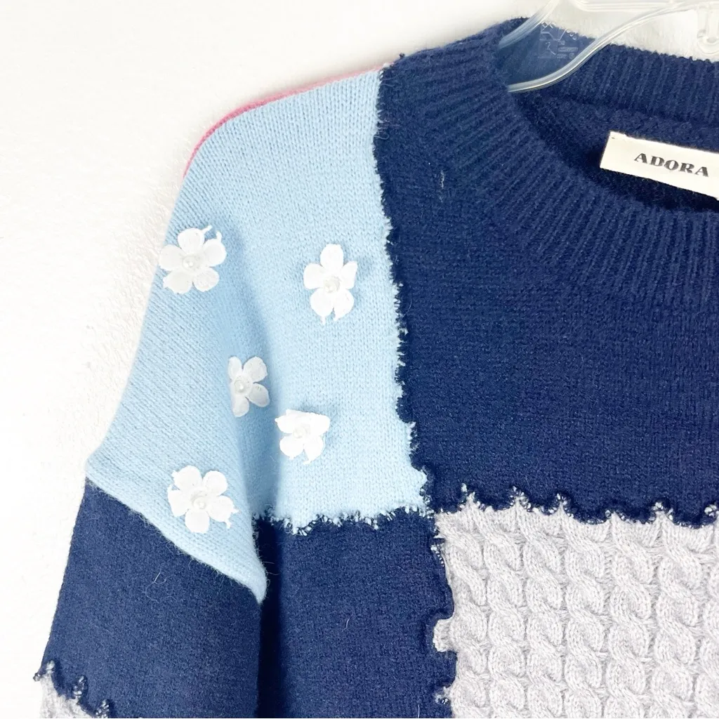 ADORA Multicolored Long Balloon Cuff Sleeves Patchwork Floral Detail Sweater M/L Size L - Image 8