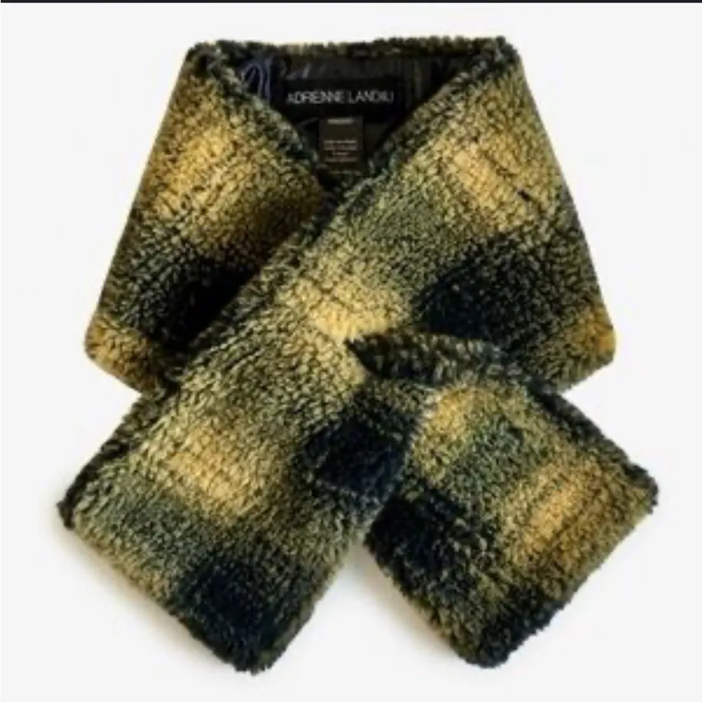 Adrienne Landau faux fur pull-thru scarf plaid checkered yellow black NWT - Image 1