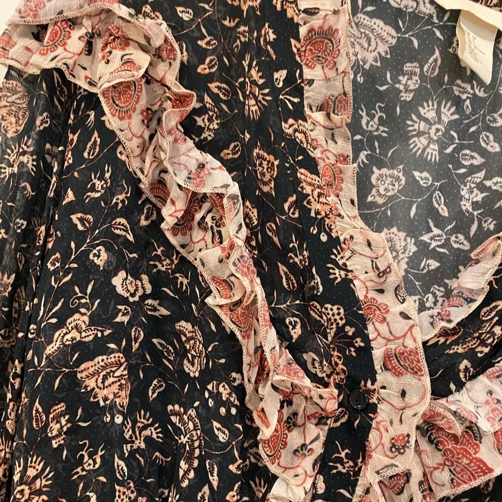 H&M boho cottagecore ruffle smocked long sleeve floral blouse top navy pink - Image 9